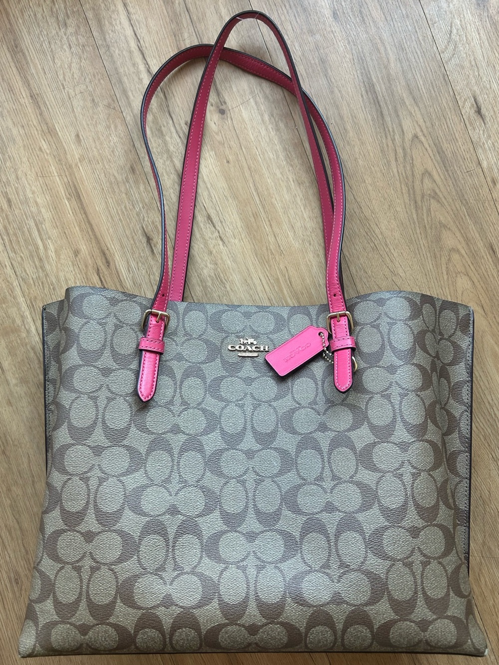 Coach Mollie Tote Bag Signature Monogram Canvas Brown Pink Purse